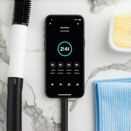 A flat lay of a coil brush, smartphone with app, and water filter for appliance care.
