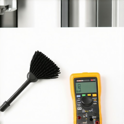 Essential Tools for Smart Appliance Maintenance A digital multimeter and cleaning brush used for maintaining home appliances like dishwashers and refrigerators.