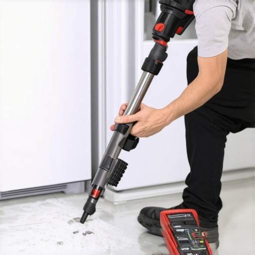 Essential tools for maintaining smart appliances Person cleaning refrigerator coils with a brush and vacuum tool next to a multimeter.