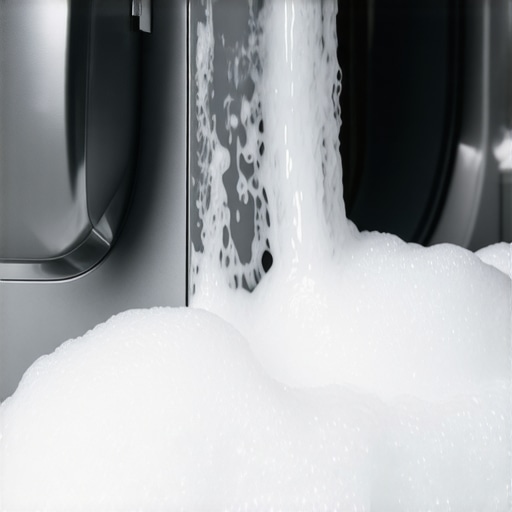 A washing machine dispenser overflowing with foamy suds due to using too much detergent.
