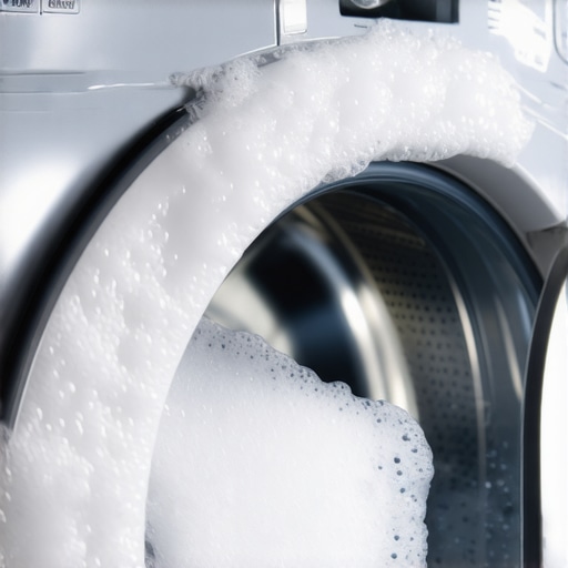 Excessive soap suds in a high-efficiency washing machine Close-up of a washing machine door filled with too much detergent foam