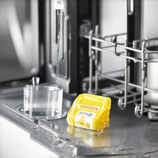 Close up of dishwasher rinse aid being added next to a detergent pod.