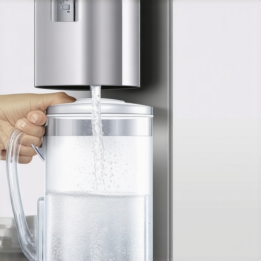 A person purging air from a refrigerator water dispenser by filling a large pitcher.