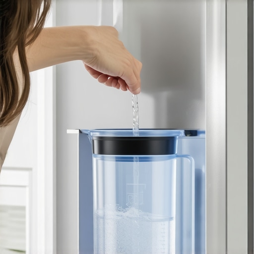 A person flushing water from a modern refrigerator dispenser into a glass pitcher.