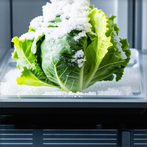 Frozen produce in a smart refrigerator Frost covered lettuce inside a smart fridge crisper drawer showing a common cooling malfunction.