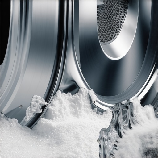 Detail of mold and detergent residue inside a high-efficiency front-load washing machine drum.