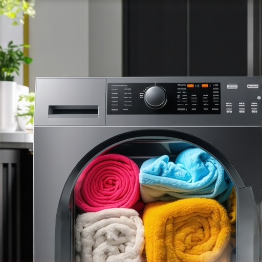 Close up of a large capacity washing machine drum filled with heavy laundry.
