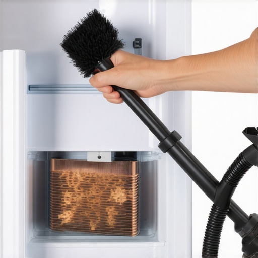 Homeowner cleaning refrigerator condenser coils Cleaning dust from refrigerator coils with a flexible brush
