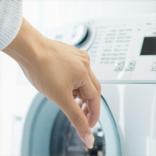 Human-centric smart appliance interface Hands adjusting settings on a modern smart washing machine control panel