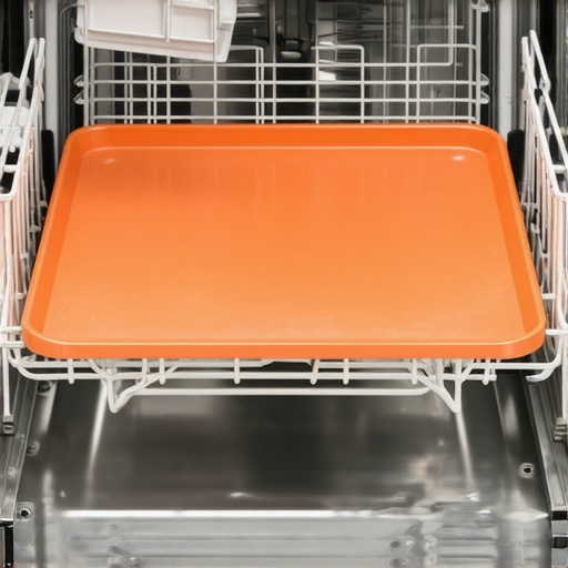 Incorrect dishwasher loading blocking detergent release A baking sheet blocking the dishwasher detergent dispenser door