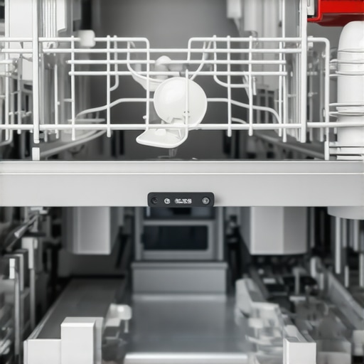 Detailed view of dishwasher spray arm and sensors.