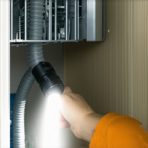 Inspecting a kinked dishwasher hose with a flashlight Close up of a corrugated dishwasher drain hose showing a sharp bend or kink being inspected with a light.