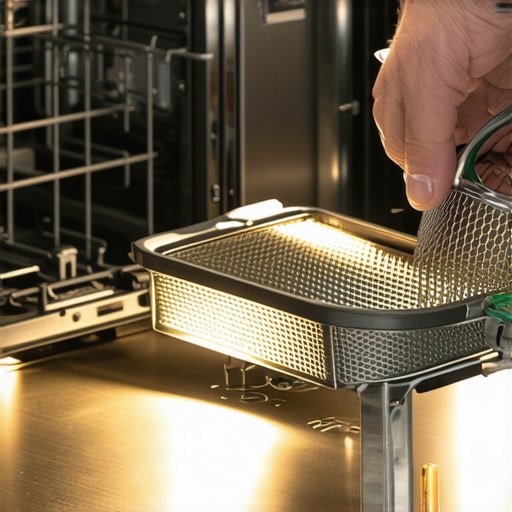 A hand removing a debris filter from a dishwasher for routine maintenance.
