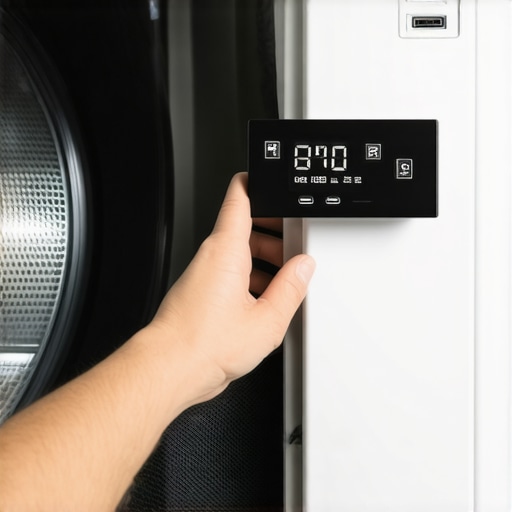 Installing Vibration Pads on a Narrow Washing Machine Hand placing a rubber vibration pad under a compact washing machine in a tight closet space for maintenance.