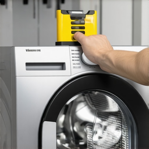 Leveling a Modern Washing Machine for Maintenance A person using a spirit level on top of a washing machine to prevent vibration.