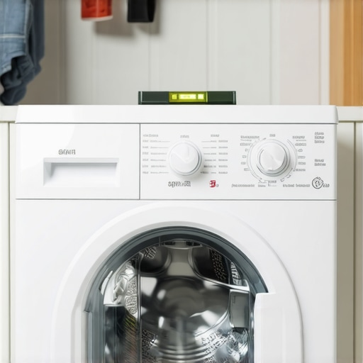 Leveling a Stacked Washer for Stability A bubble level on a washing machine to ensure a stable, vibration-free installation in a small space.