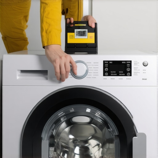 A person checking if a washing machine is level to prevent vibration and clothing damage.