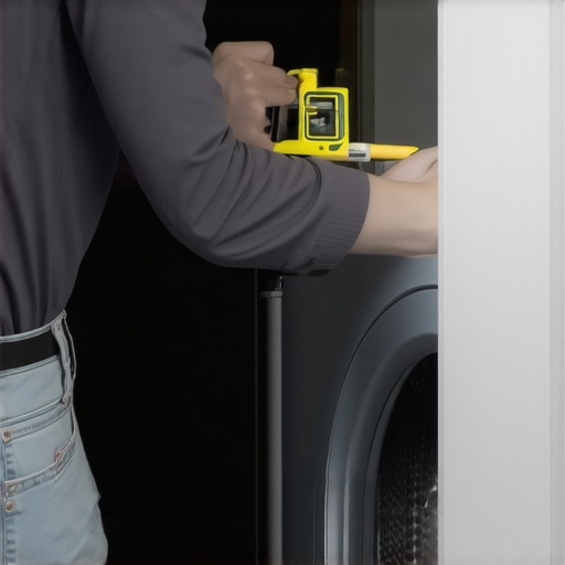 Leveling a compact washer in a small closet A person leveling a washing machine in a tight closet space using a spirit level.