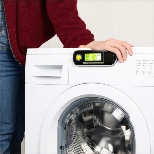 A hand placing a spirit level on a silver washing machine to prevent vibration.