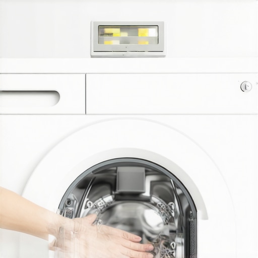 Leveling a washing machine for stability A person using a spirit level to balance a washing machine and prevent vibration damage.
