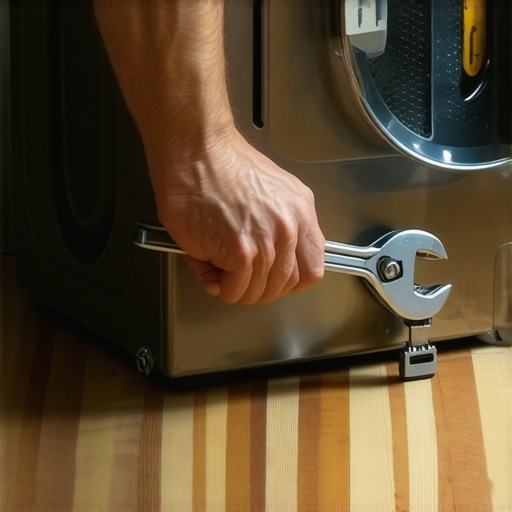 Leveling a washing machine on hardwood floors A wrench adjusting the leveling leg of a washing machine to prevent walking.