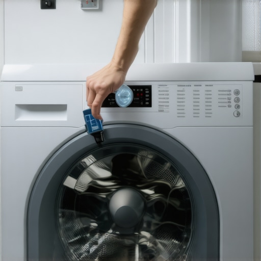 Hand holding a level on a washing machine