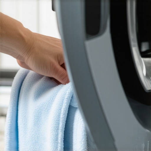 A person cleaning the rubber seal of a front-loading washing machine with a cloth.