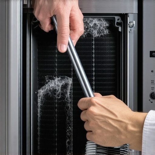 Maintenance of refrigerator condenser coils Person cleaning dust from fridge coils with a long brush.