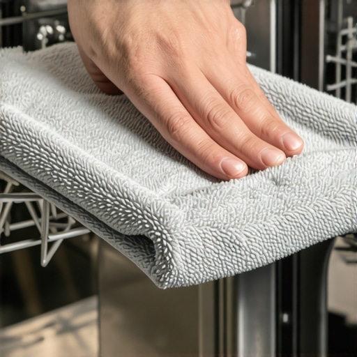 Manual Cleaning of a Smart Dishwasher Gasket A person cleaning the rubber seal of a modern dishwasher with a cloth to prevent mold buildup.