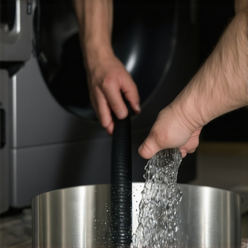 Manual Draining Process for Front Load Washer Person using the emergency drain hose of a washing machine to empty water into a shallow pan.