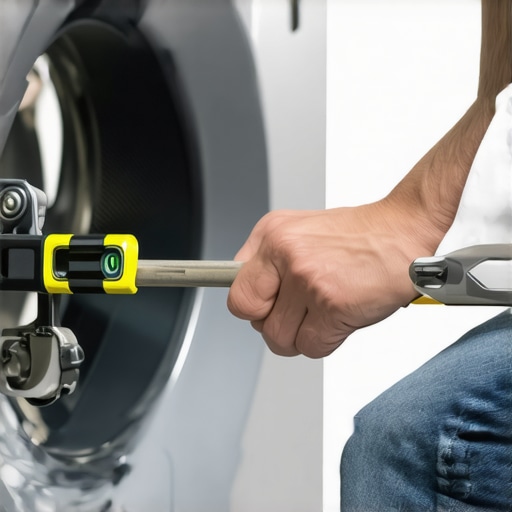 A homeowner using a wrench and a spirit level to stabilize a washing machine on a tile floor.