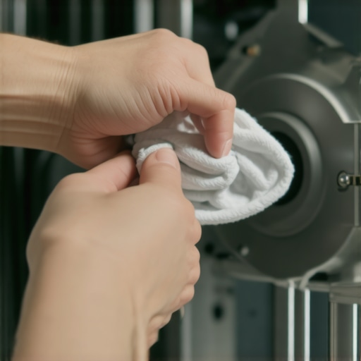 A hand cleaning a small electronic sensor inside a dishwasher.