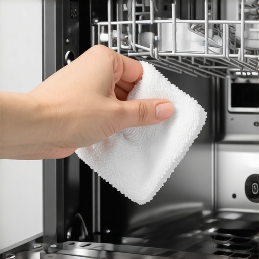 Manual maintenance of a smart dishwasher sensor A person cleaning a hidden sensor inside a high-end dishwasher with a cloth.