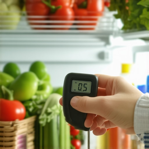 Manual verification of refrigerator temperature Digital thermometer checking the coldness of a smart fridge shelf