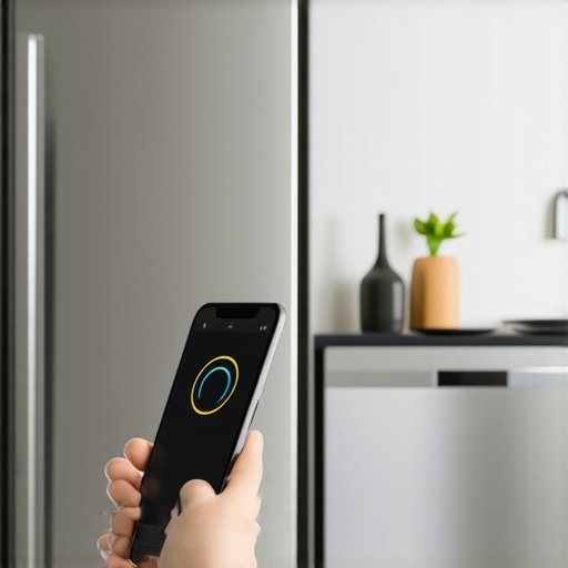Mapping Kitchen Wi-Fi for Smart Appliances A homeowner using a Wi-Fi analyzer app to troubleshoot smart appliance connectivity in a modern kitchen.
