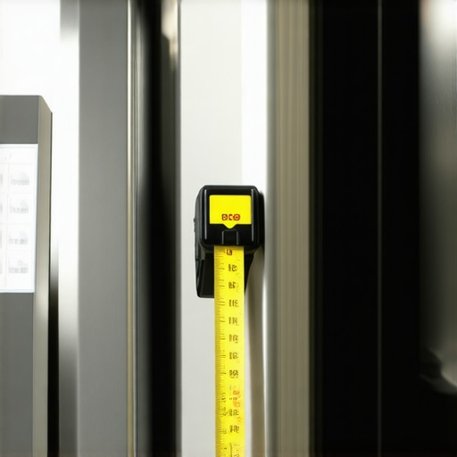 A measuring tape checking the door swing space for a compact refrigerator in a small apartment kitchen.