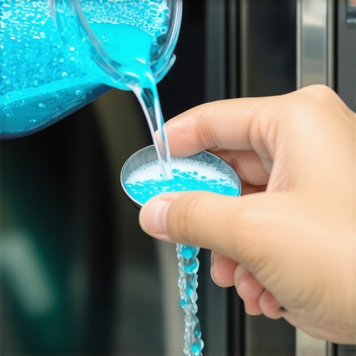 Measuring detergent for HE washers A hand measuring exactly two tablespoons of detergent for a high-efficiency washing machine to prevent white streaks.