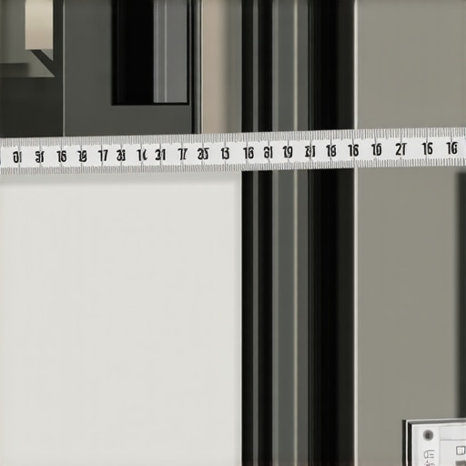 A tape measure checking the width of a narrow refrigerator cutout in a modern kitchen.