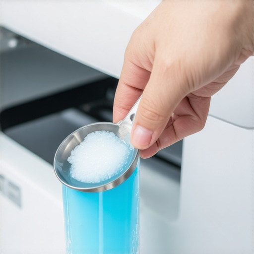Measuring the correct amount of HE detergent A tablespoon of liquid detergent being poured into a washing machine drawer.