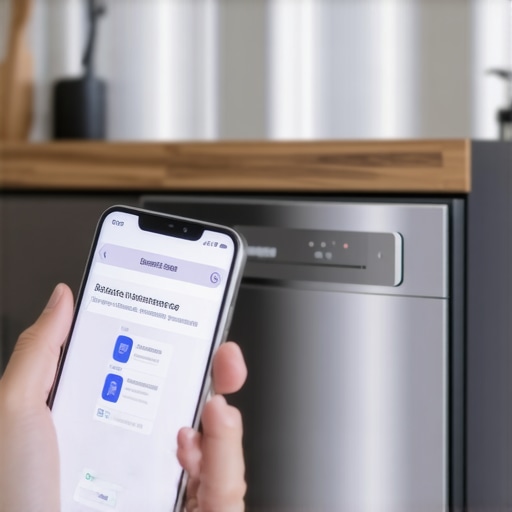 Modern Appliance Maintenance via Smartphone A homeowner using a smart app to monitor and update a high-tech dishwasher in a modern kitchen setting.