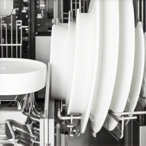 Inside of a modern dishwasher showing clean dishes and detergent dispenser