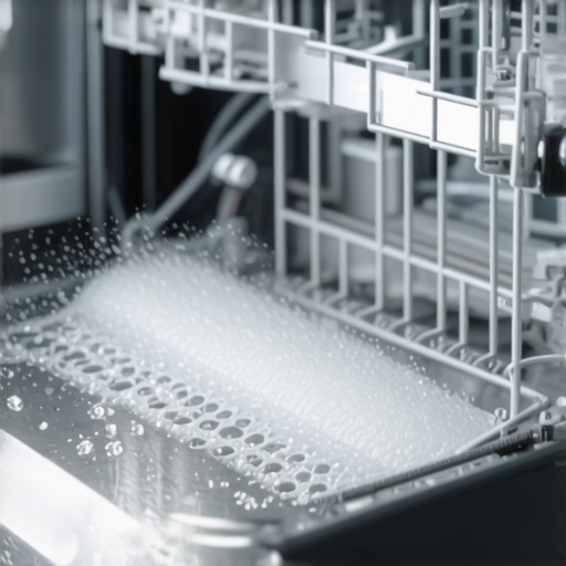 Modern Dishwasher Maintenance and Cleaning Close-up of a clean dishwasher interior showing the filter and spray arm for optimal performance.