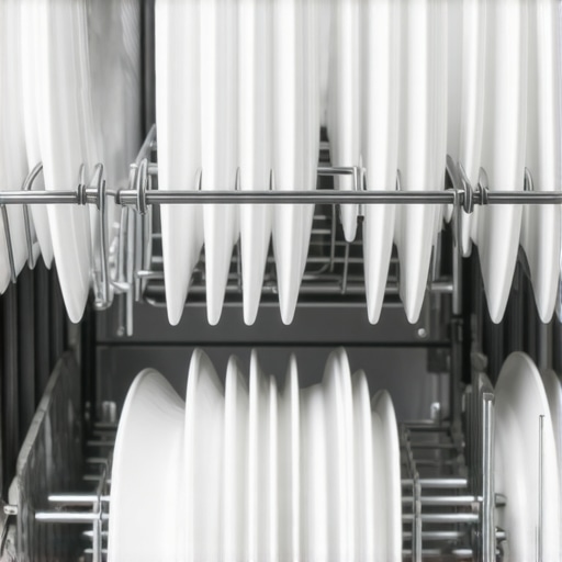 Modern Dishwasher Sensor Technology in Action Close up of dishwasher rack with plates and water spray illustrating why pre-rinsing is unnecessary.