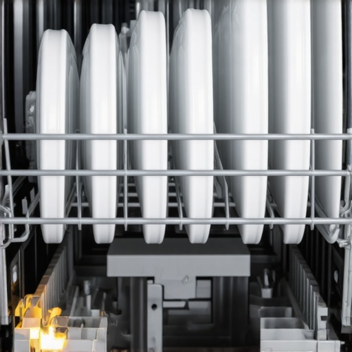 A close-up of a dishwasher rack with plates and a visible internal sensor.