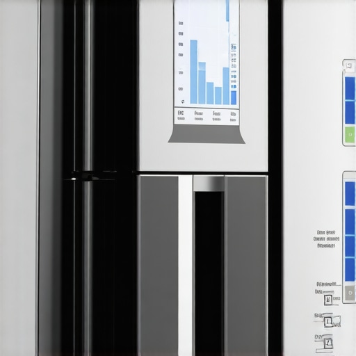 A digital control panel on a high-efficiency refrigerator displaying energy data and temperature diagnostics.