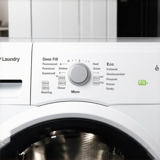 Close-up of a washing machine control panel illustrating energy-efficient settings and deep fill options.