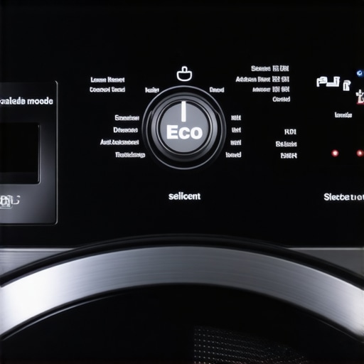 Close up of a smart washing machine interface highlighting efficiency settings and internal sensors.