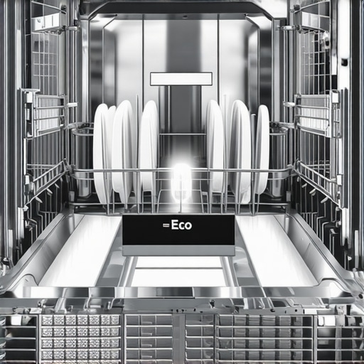 Modern dishwasher eco-cycle in progress Close up of a smart dishwasher control panel and interior during an energy efficient wash cycle