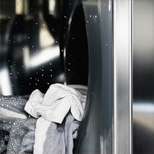 Modern washing machine drum tumbling clothes High efficiency washing machine interior during spin cycle
