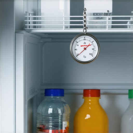 Monitoring Compact Refrigerator Internal Temperature A small analog thermometer inside a compact office fridge showing the ideal temperature range for drink storage.